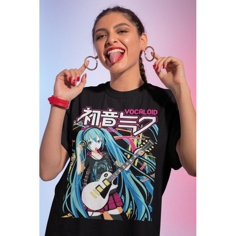 Футболка з аніме принтом Хатсуне Міку Аніме Гірл оверсайз (S/M/L) Чорний AnimeJ0006