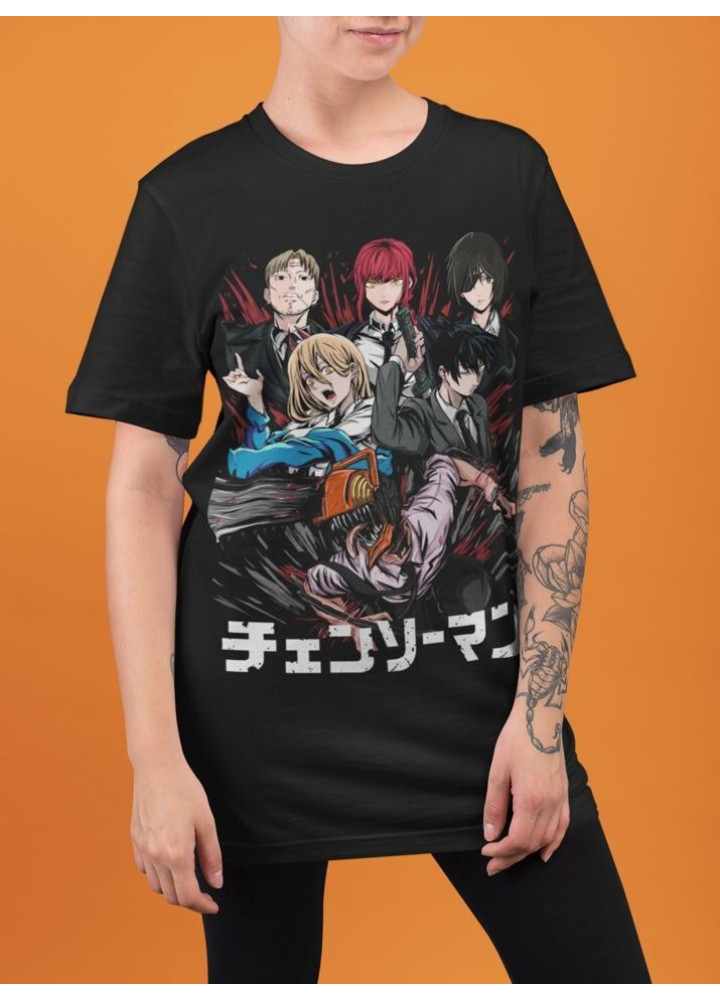 Футболка з аніме принтом Людина-бензопила оверсайз (S/M/L) Чорний AnimeJ1078