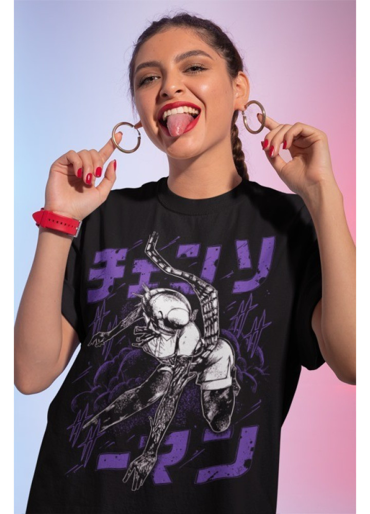 Футболка з аніме принтом Людина-бензопила оверсайз (S/M/L) Чорний AnimeJ0254