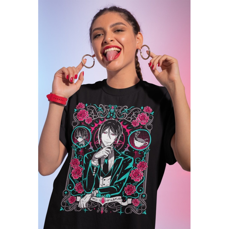 Футболка з аніме принтом Блакк Бутлер Себастіан Куросхітсуджі оверсайз (S/M/L) Чорний AnimeJ0255