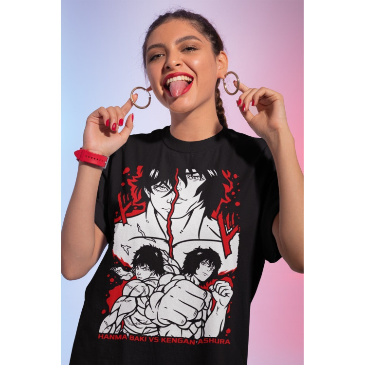 Футболка з аніме принтом Аніме Фігхт Бакі Вс оверсайз (S/M/L) Чорний AnimeJ0405