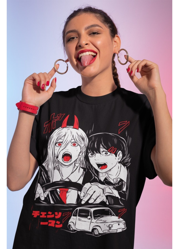 Футболка з аніме принтом Людина-бензопила оверсайз (S/M/L) Чорний AnimeJ0435