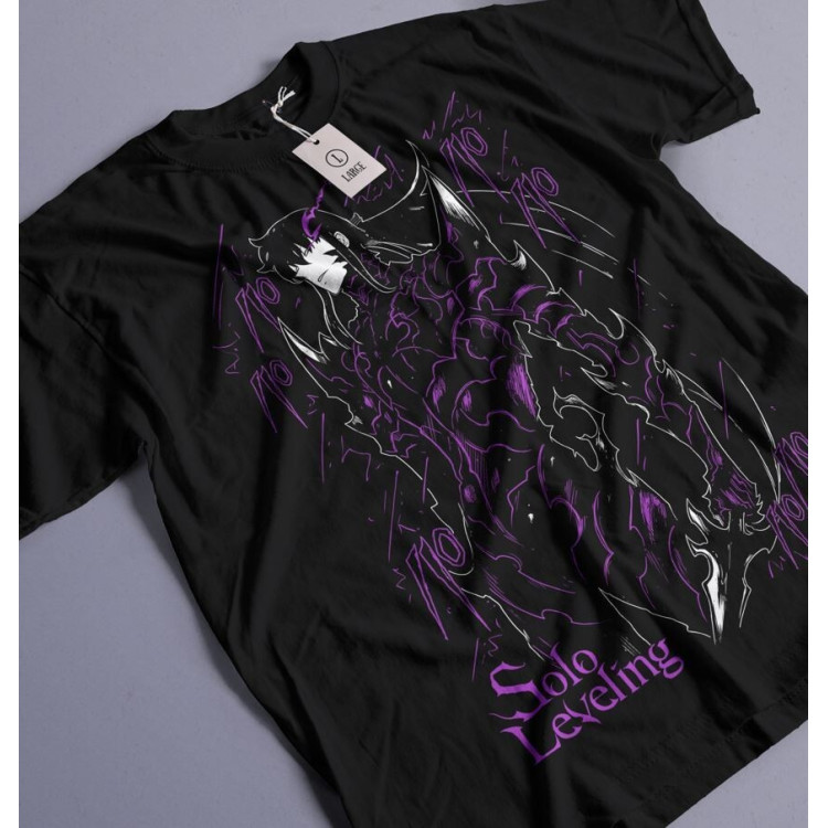 Футболка з аніме принтом Соло Левелінг Сунг Джінвоо оверсайз (S/M/L) Чорний AnimeJ0798