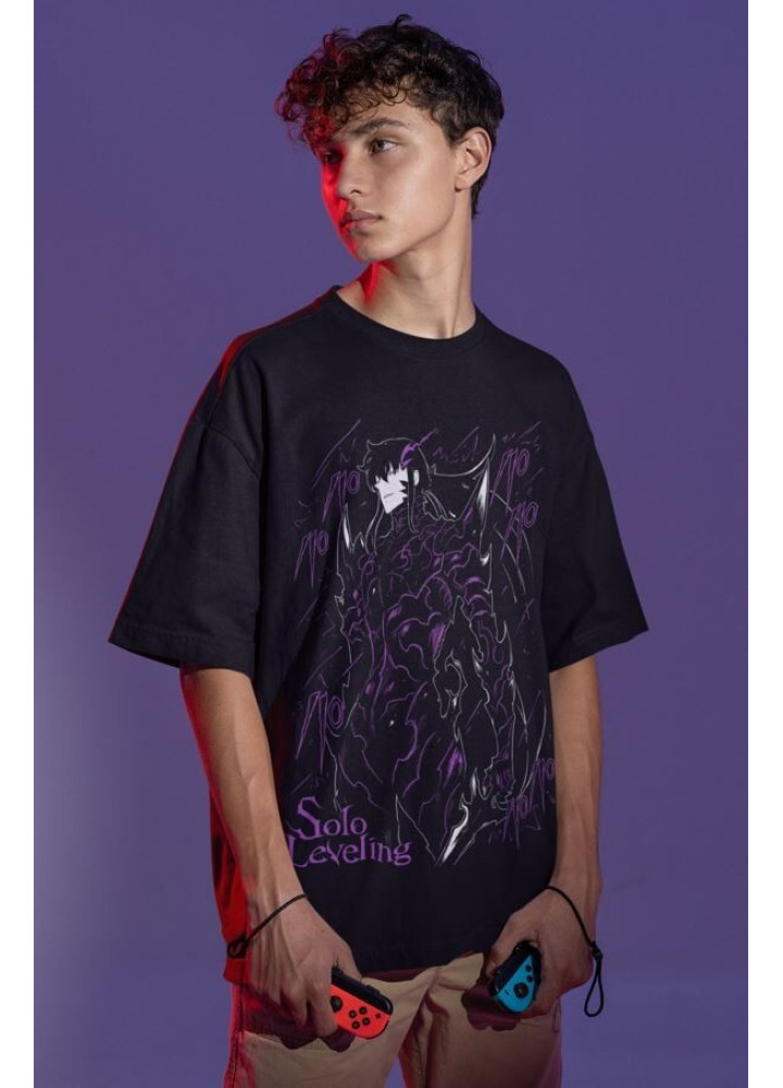 Футболка з аніме принтом Соло Левелінг Сунг Джінвоо оверсайз (S/M/L) Чорний AnimeJ0798
