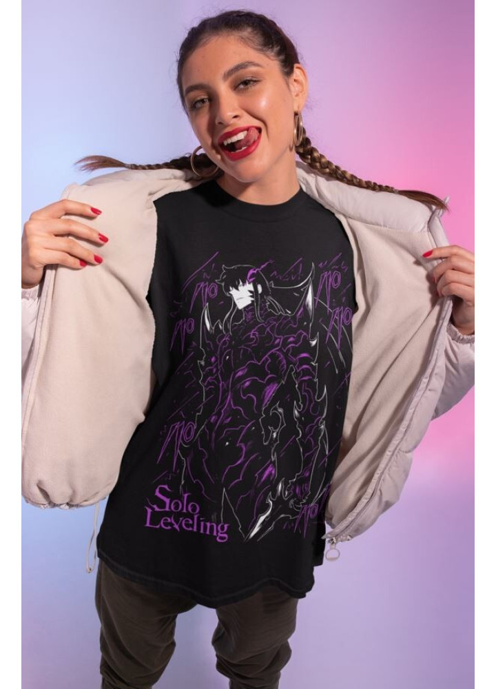 Футболка з аніме принтом Соло Левелінг Сунг Джінвоо оверсайз (S/M/L) Чорний AnimeJ0798