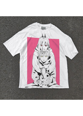 Футболка з принтом аніме Людина-бензопила Денджі Повер Покхіта оверсайз (S/M/L) Черний