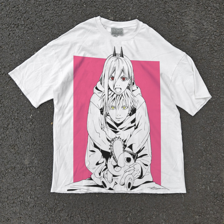 Футболка з принтом аніме Людина-бензопила Денджі Повер Покхіта оверсайз (S/M/L) Черний